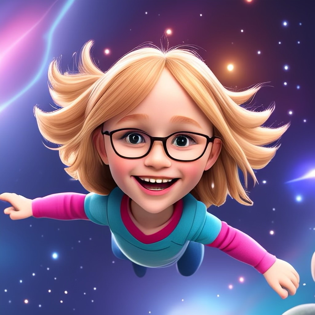 A smiling animated girl with blonde hair and glasses is floating in a colorful, starry space background. She appears joyful and playful, wearing a blue and pink outfit.