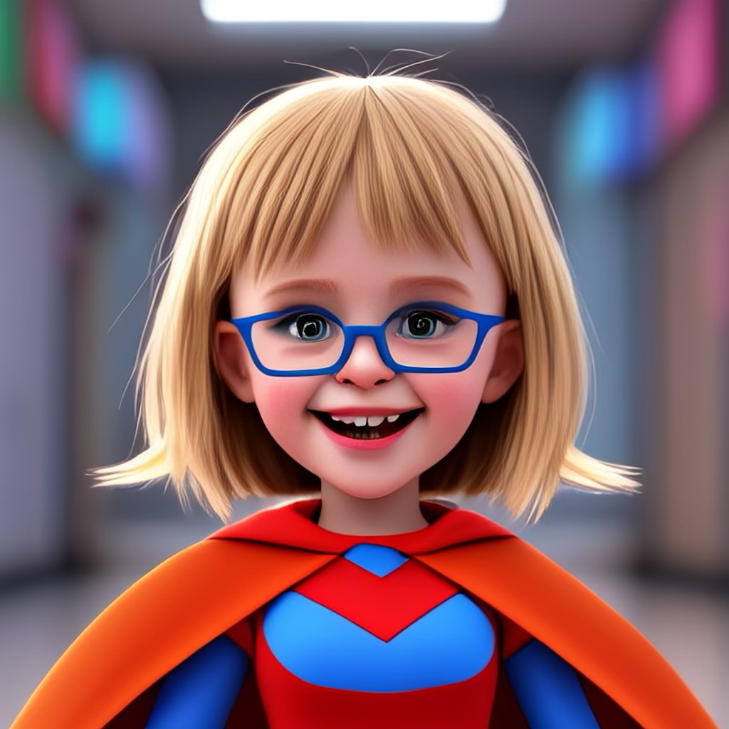 A cheerful animated child with blonde hair and blue glasses is dressed in a superhero costume, featuring a blue and red outfit with an orange cape. The background is a blurred hallway.