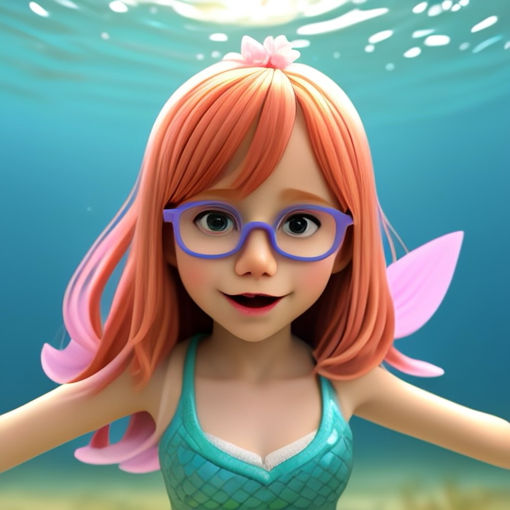 A 3D animated character with glasses, pink hair, and a flower headband is underwater. She has fairy wings and wears a teal top with a mermaid scale pattern.