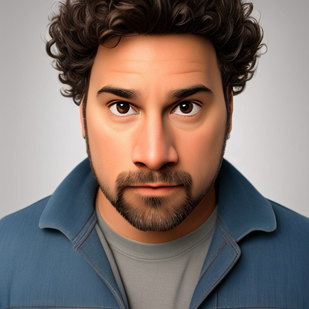 A digital illustration of a man with curly dark hair and a beard, wearing a blue jacket over a gray shirt, staring directly at the viewer. The style is realistic with a focus on facial details.