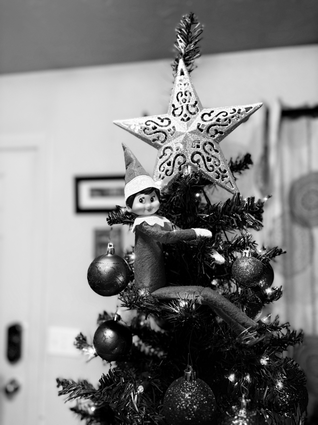 A black and white photo of a Christmas tree with a decorative star on top. An elf doll is perched just below the star among several glittery baubles. The background shows a framed picture and some curtains.