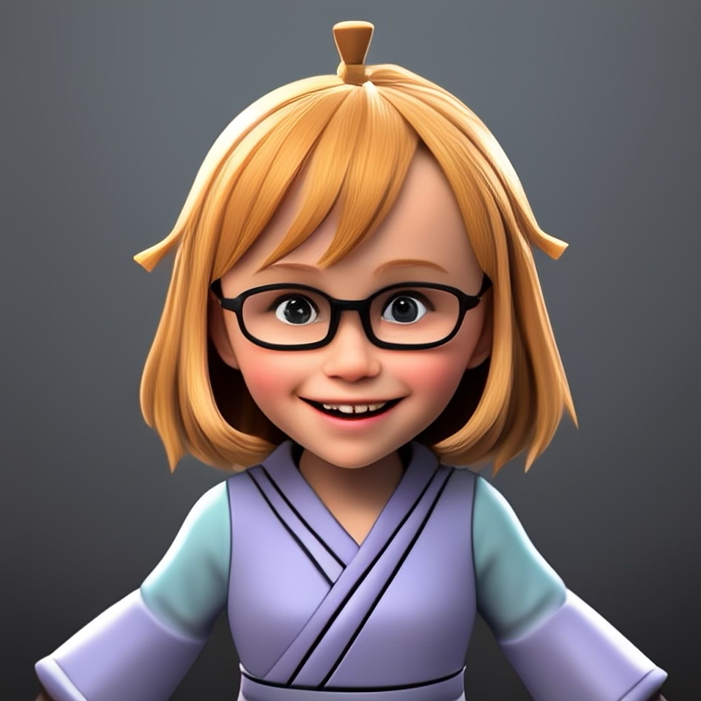 A 3D animated character of a smiling young girl with blonde hair, wearing glasses, and dressed in a light purple outfit.