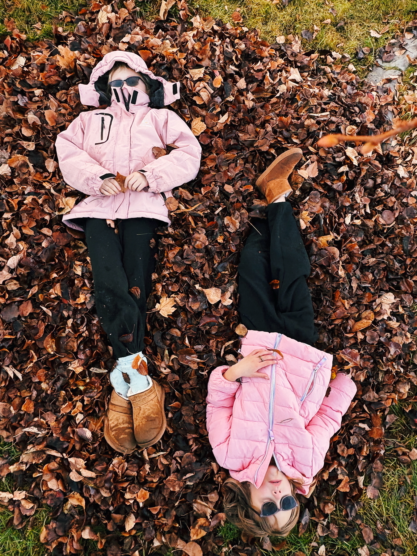 Two children lying on their backs in a pile of brown leaves. Both are wearing pink jackets and sunglasses. One has a hood over their face, and the other has brown boots visible. The ground is a mix of leaves and grass.