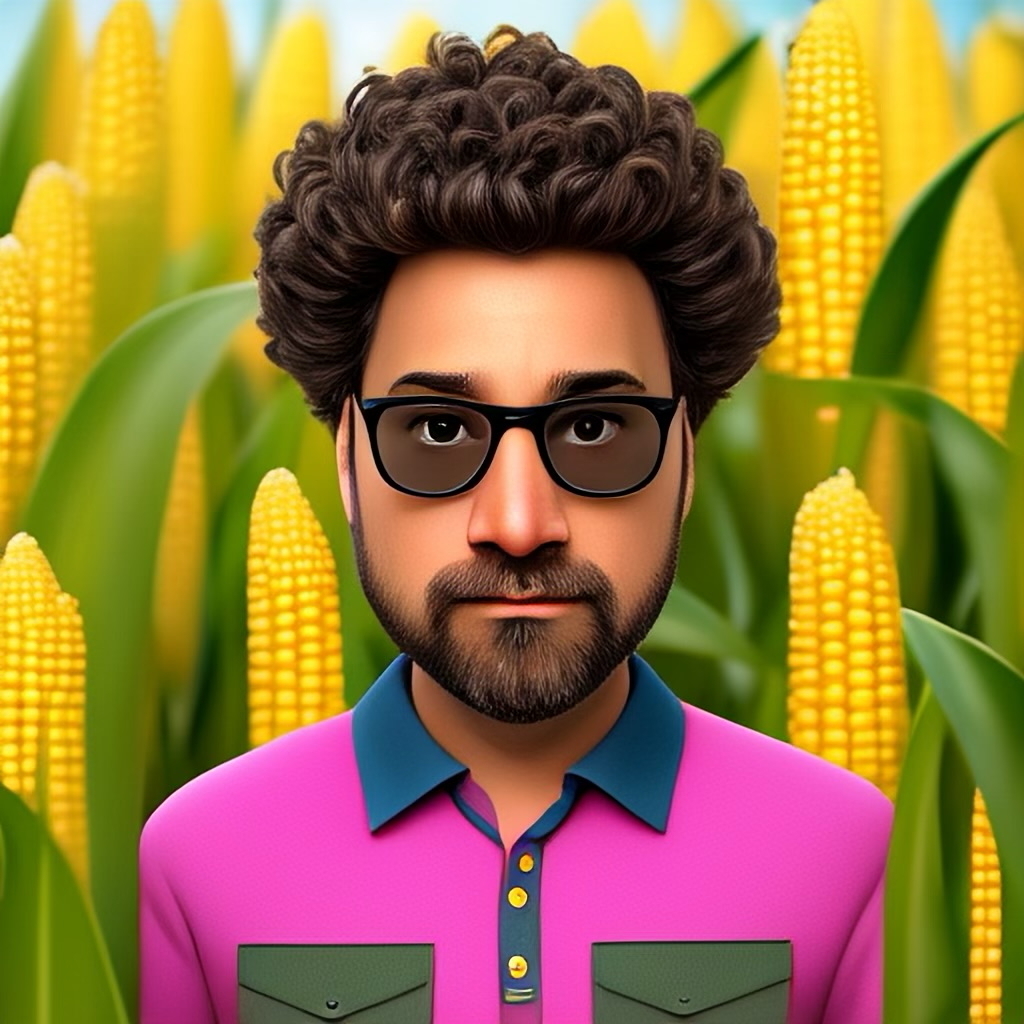 A digitally created character with curly hair and a beard, wearing glasses and a pink shirt with green accents, stands in a cornfield.