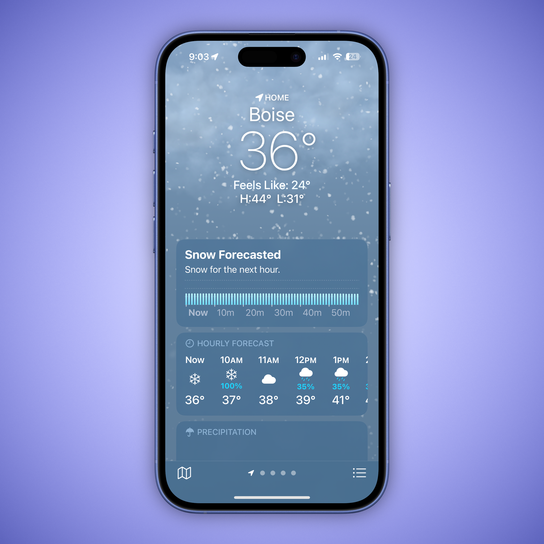 A smartphone screen displays a weather app for Boise, showing a temperature of 36°F with a “feels like” temperature of 24°F. The forecast predicts snow for the next hour.