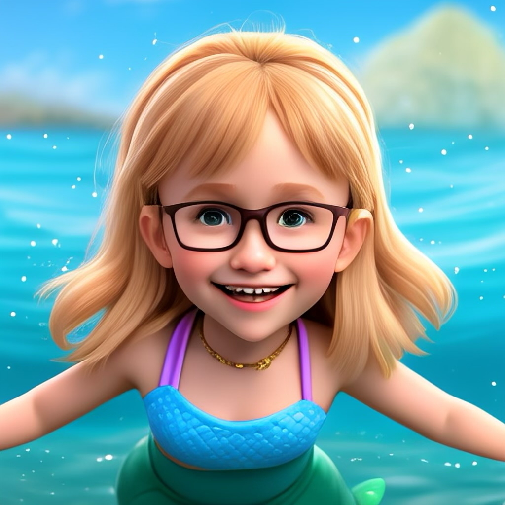 A joyful animated girl with glasses and blonde hair is smiling in a vibrant ocean scene. She is wearing a blue top and a necklace, with water splashes around her.