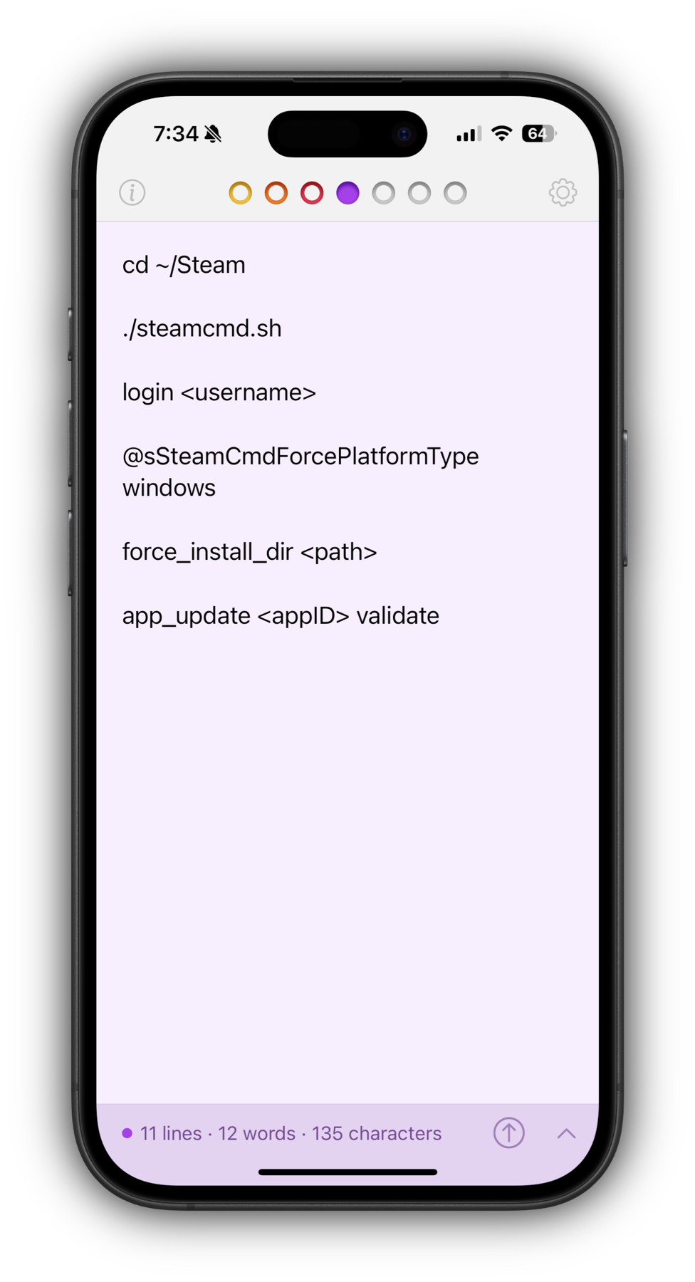 A phone screen displays a text document with instructions for using SteamCMD. The commands include navigating to the Steam directory, running SteamCMD, logging in with a username, setting the platform type to Windows, specifying an install directory path, and updating a game