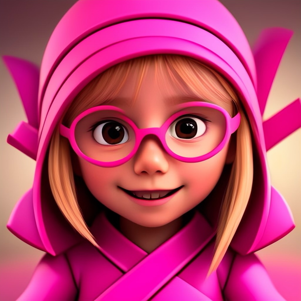 A cute animated character wearing pink glasses and a matching pink outfit with a hood. The character has big brown eyes and is smiling.