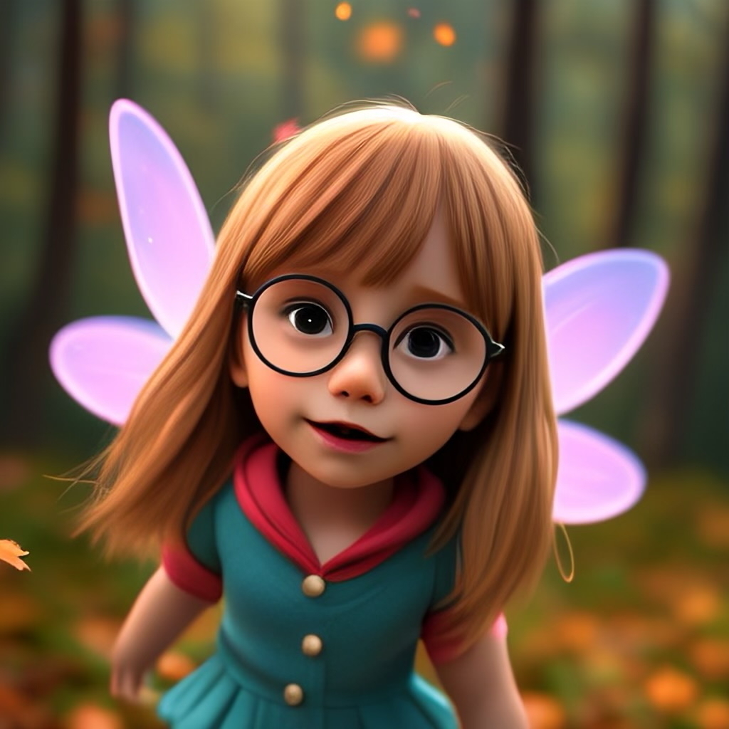 A 3D animated character resembling a young girl with glasses and pink fairy wings, wearing a teal dress with pink accents, stands in a forest setting. The background is softly blurred with autumn leaves.