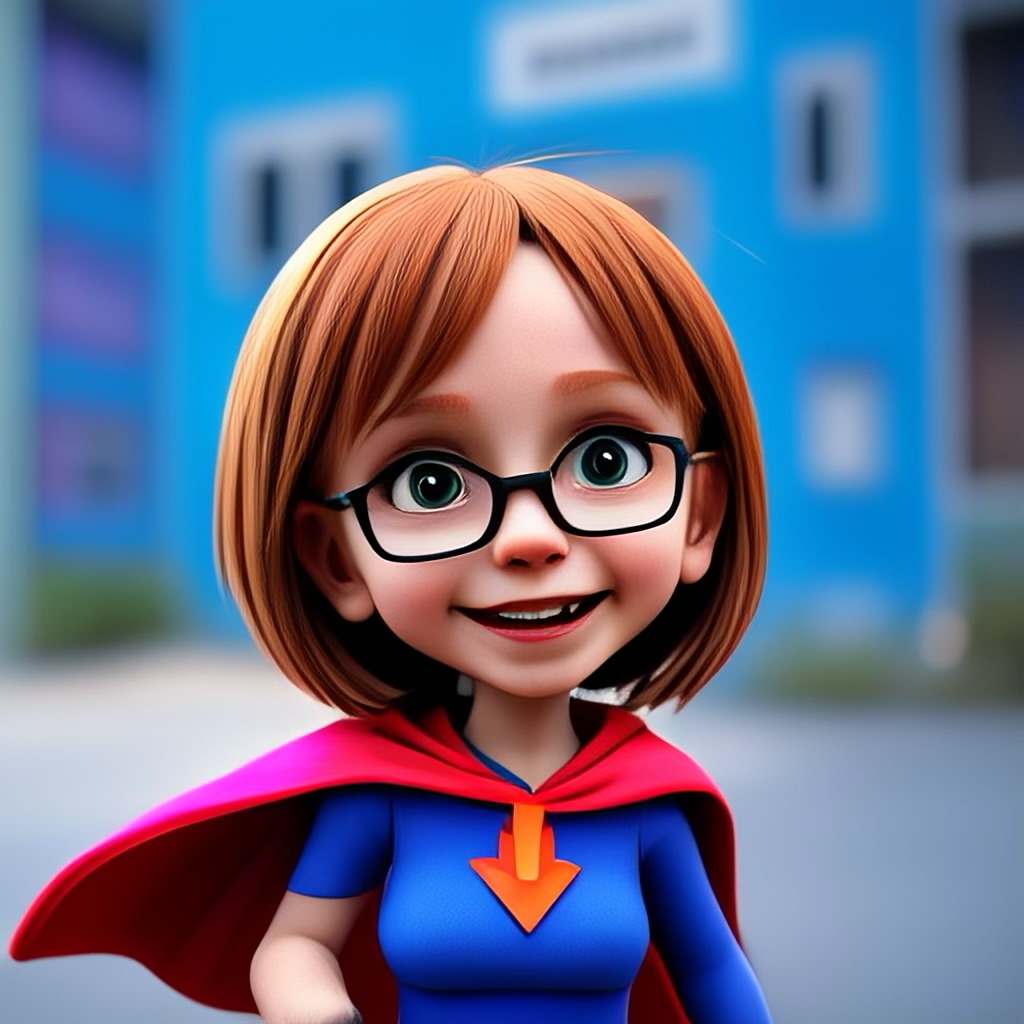 A cute animated child with short brown hair, wearing glasses, a blue superhero outfit, and a red cape, smiling in front of a blurred blue background.