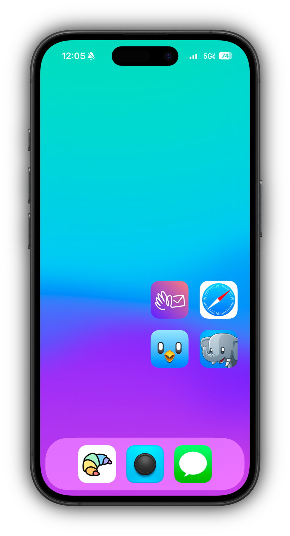 The image shows a smartphone home screen with a gradient blue and purple background. It features several app icons, including a hand making a gesture with an envelope, a blue bird, an elephant, a rainbow-colored icon.